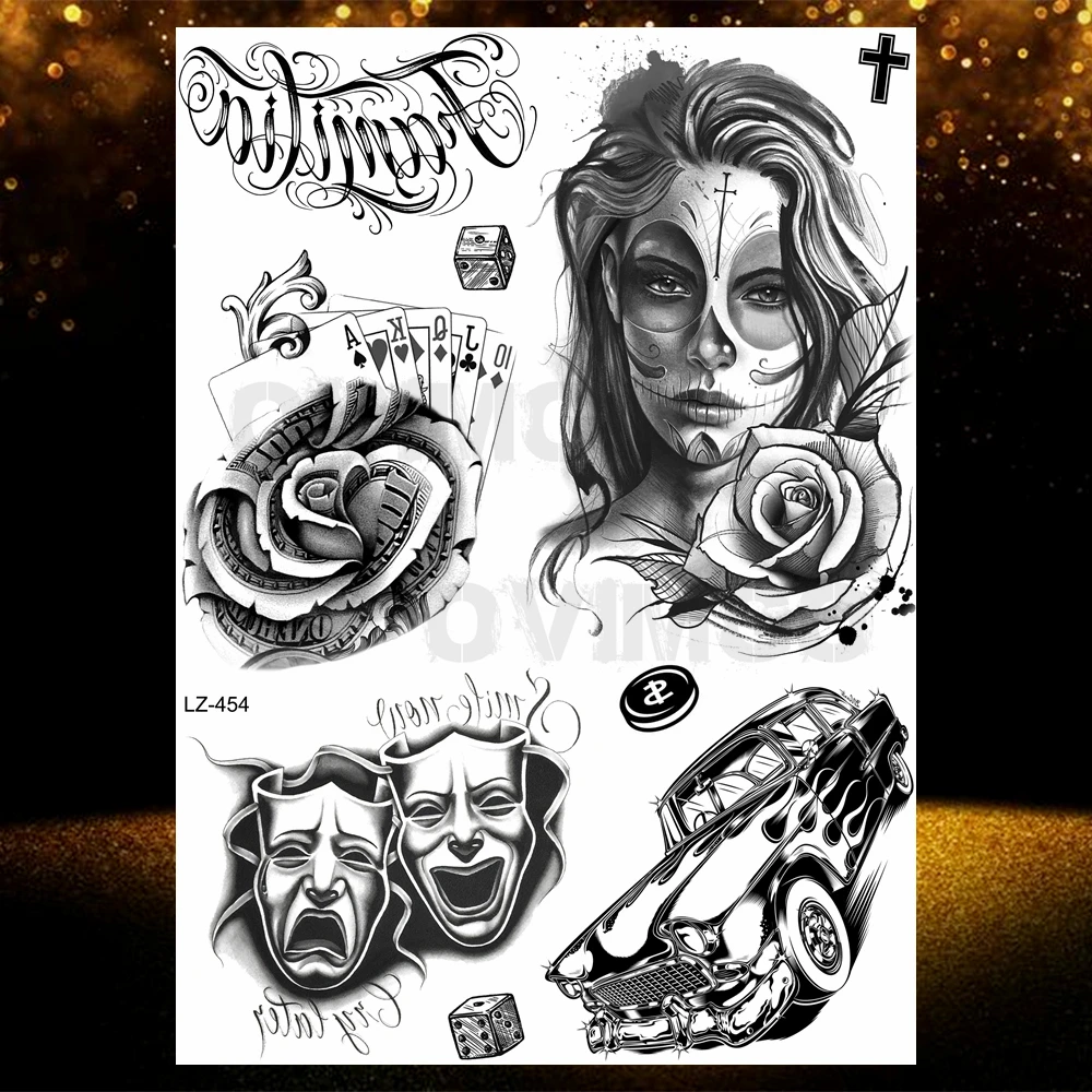 Chicano Bandit 멕시코 남성 여성을위한 임시 문신 가짜 자동차 수녀 문신 종교 스티커 현실적인 뒤로 방수 Tatoos