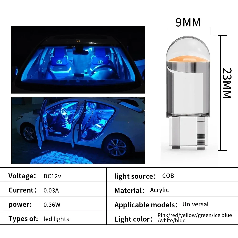 10pcs 자동차 LED T10 W5W Canbus COB 6000k 독서 돔 램프 마커 웨지 번호판 전구 168 194 192 DC 12V 흰색 파란색 빨간색