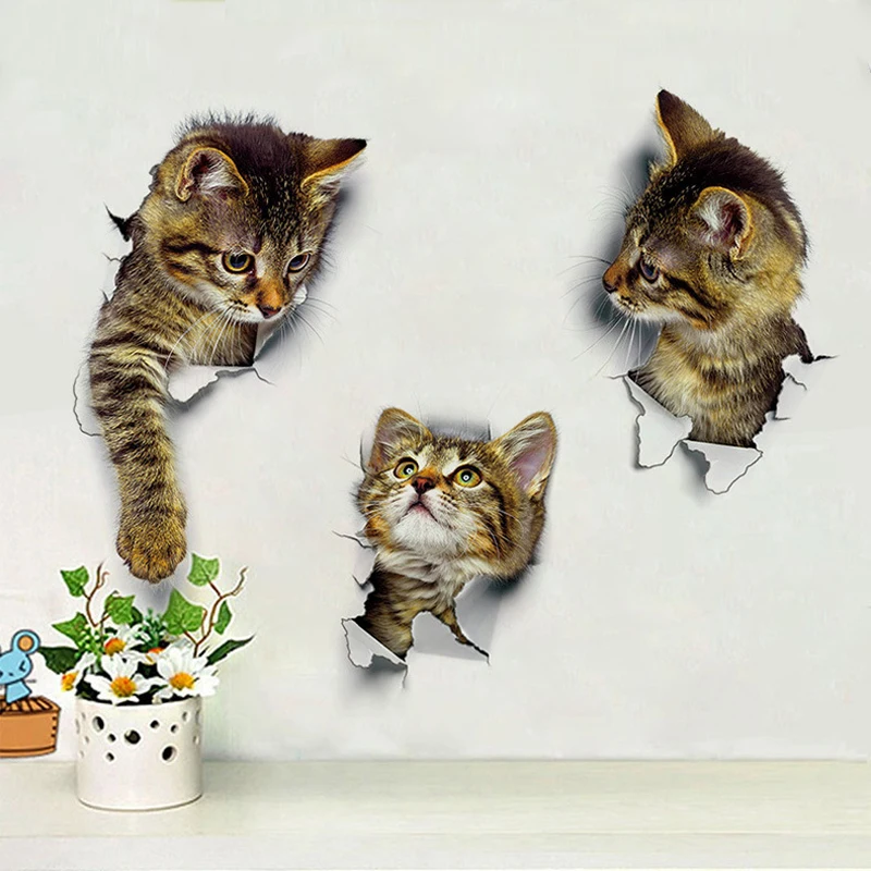 귀여운 고양이 벽 스티커 구멍보기 생생한 개 욕실 3D 화장실 스티커 홈 장식 동물 데칼 자기 접착 포스터