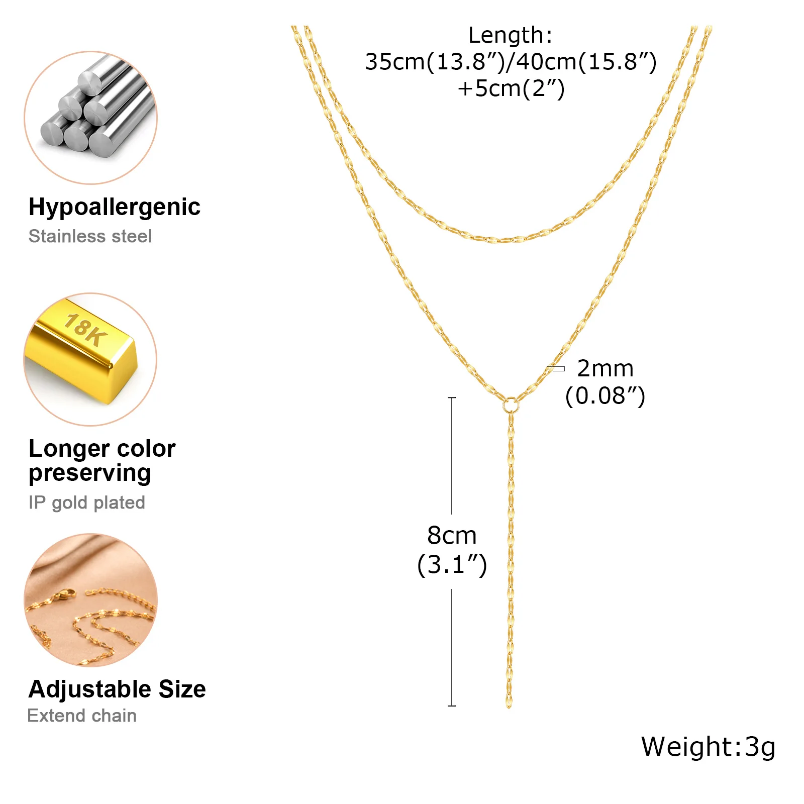 2024 스테인레스 스틸 립 체인, 더블 레이어 프린지 목걸이, 골드 컬러 Chaoker 패션 주얼리 긴 Neckalce 여성을위한 설정