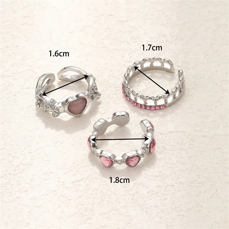 3pcs 패션 러브 하트 지르콘 오픈 반지 여성을위한 설정 고딕 달콤한 여자 기하학 손가락 반지 Y2K 파티 쥬얼리 액세서리