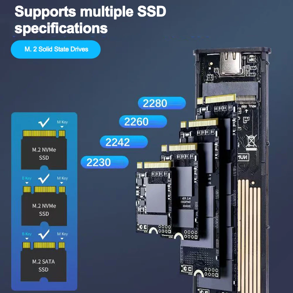 NVME M.2 솔리드 스테이트 드라이브 외부 인클로저 2230/2242/2260/2280 M.2-USB C 10Gbps SSD 알루미늄 케이스 유형 M/M+B 키용 A+C