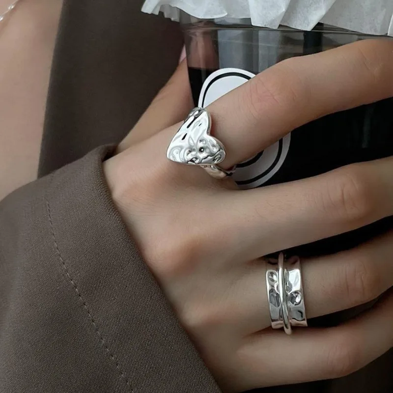 925 스털링 실버 오픈 손가락 반지 펑크 하트 불규칙한 기하학 여성을위한 쌓을 수있는 소녀 보석 선물 Dropship 도매
