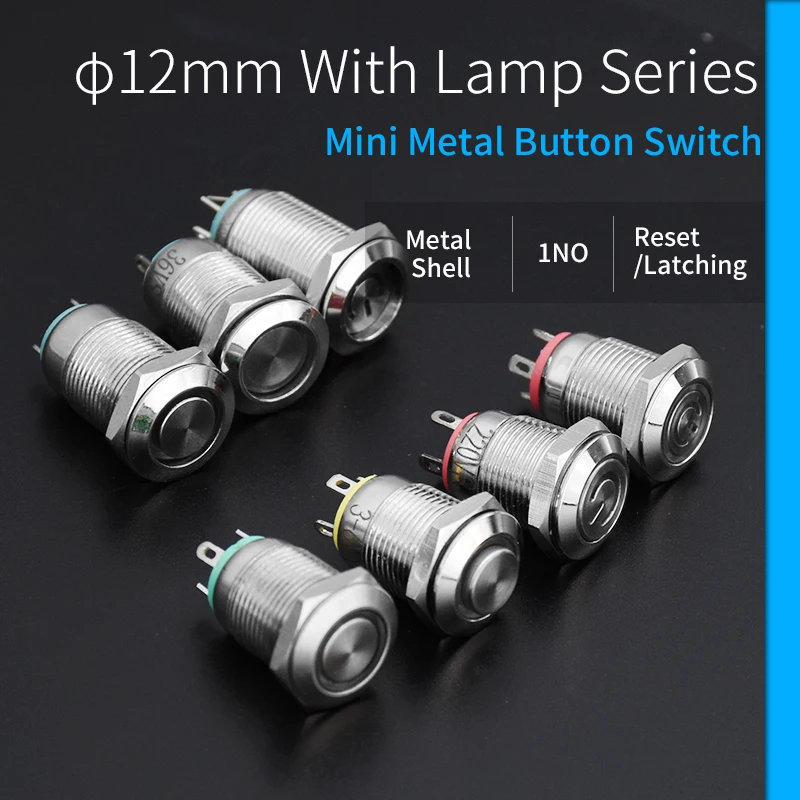 12mm 방수 금속 푸시 버튼 스위치 LED 조명 순간 잠금 자동차 엔진 PC 전원 스위치 3V 5V 12V 24V 220V 링 기호