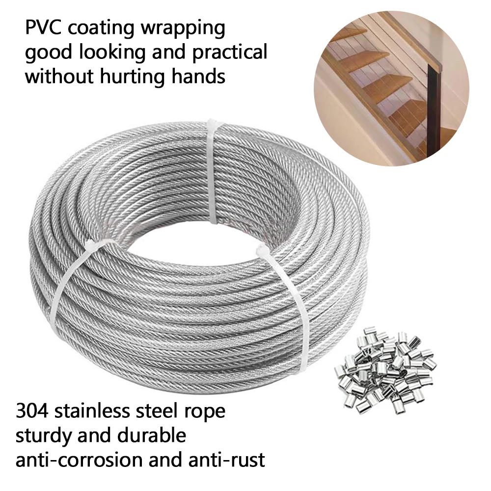 5M/10M/50M/100M 투명 색상 PVC 플라스틱 코팅 1.0-6mm 304 스테인레스 스틸 와이어 로프 케이블은 빨랫줄 등에 사용됩니다.