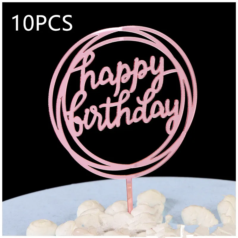 10 Pcs 로즈 골드 생일 축하 케이크 토퍼 실버 블랙 심플한 디자인 아크릴 케이크 토퍼 베이비 샤워 파티 디저트 장식