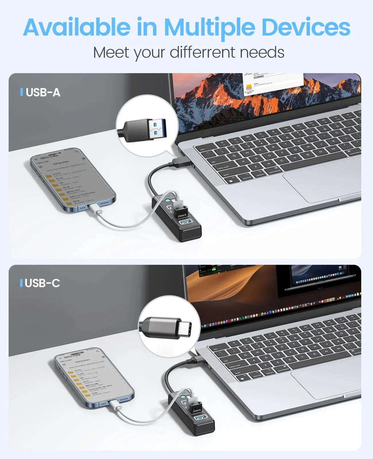 ORICO 멀티 C타입 분배기, USB 3.0 허브, 고속 OTG 어댑터, PC 컴퓨터 액세서리, 맥북 프로용, 4 포트, 5Gbps
