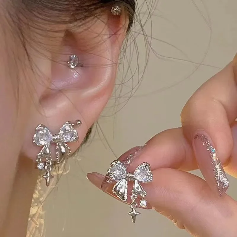 여성을위한 Y2K Bowknot 지르콘 스터드 귀걸이 패션 한국어 실버 컬러 핑크 크리스탈 성격 귀걸이 소녀 파티 쥬얼리 선물