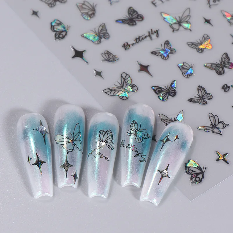 1PCS 블랙 화이트 나비 레이저 네일 스티커 Y2K 네일 아트 장식 추상 라인 손톱에 대 한 브론 징 꽃 스티커