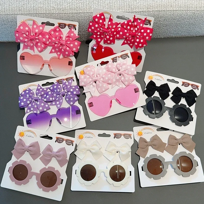 1 세트 어린이 모자를 쓰고 있죠 안경 솔리드 소프트 Bowknot 머리 밴드 소녀 레이스 자용 레트로 머리띠 선글라스 키즈 헤어 밴드 세트