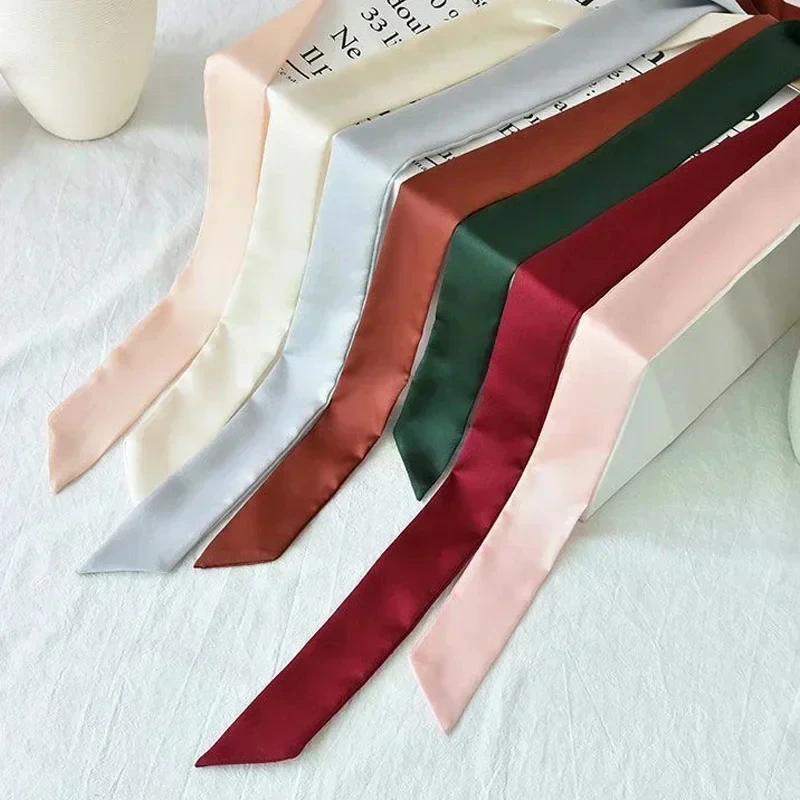 5X190CM 여성 좁은 롱 스카프 190x5cm 솔리드 컬러 쉬폰 실크 고무 레드 타이 블랙 가방 리본 머리띠 초커 스 트리머