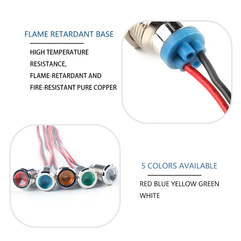 8mm LED 방수 금속 표시 등 신호 램프 와이어 3V 6V 12V 24V 110V 220V 빨간색/노란색/파란색/녹색/흰색
