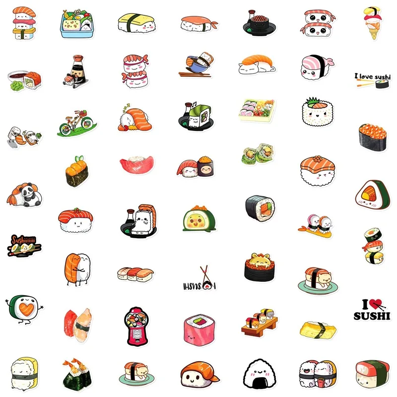 10/30/50PCS 귀여운 만화 스시 PVC 스티커 미적 끈적 장식 Scrapbooking 어린이를위한 한국어 편지지 학교 용품