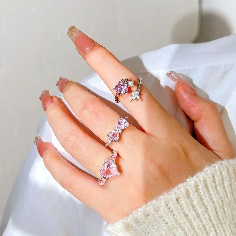 조정 가능한 크리스탈 반지 Y2K 핑크 불규칙한 기하학 빈티지 Bowknot 하트 반지 여성을위한 설정 소녀 2023 새로운 패션 쥬얼리 선물