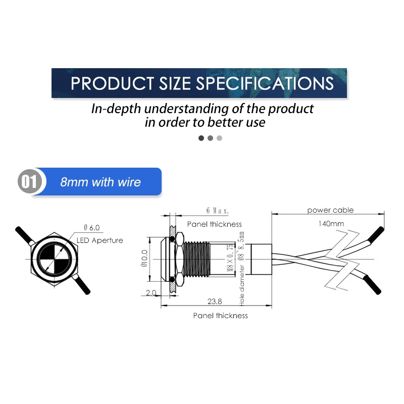 8mm LED 방수 금속 표시 등 신호 램프 와이어 3V 6V 12V 24V 110V 220V 빨간색/노란색/파란색/녹색/흰색