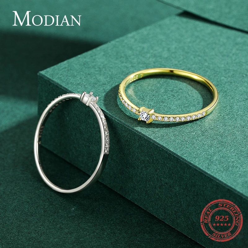 Modian 2021 진짜 925 스털링 실버 간단한 사각형 클리어 CZ 매력 여성을위한 골드 컬러 손가락 반지 결혼 약혼 쥬얼리
