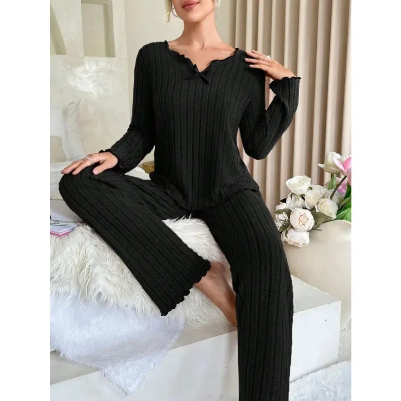 여성 가을 ​​겨울 잠옷 늑골이있는 잠옷 세트 긴 소매 탑과 긴 바지 2 조각 세트 캐주얼 Homewear Loungewear