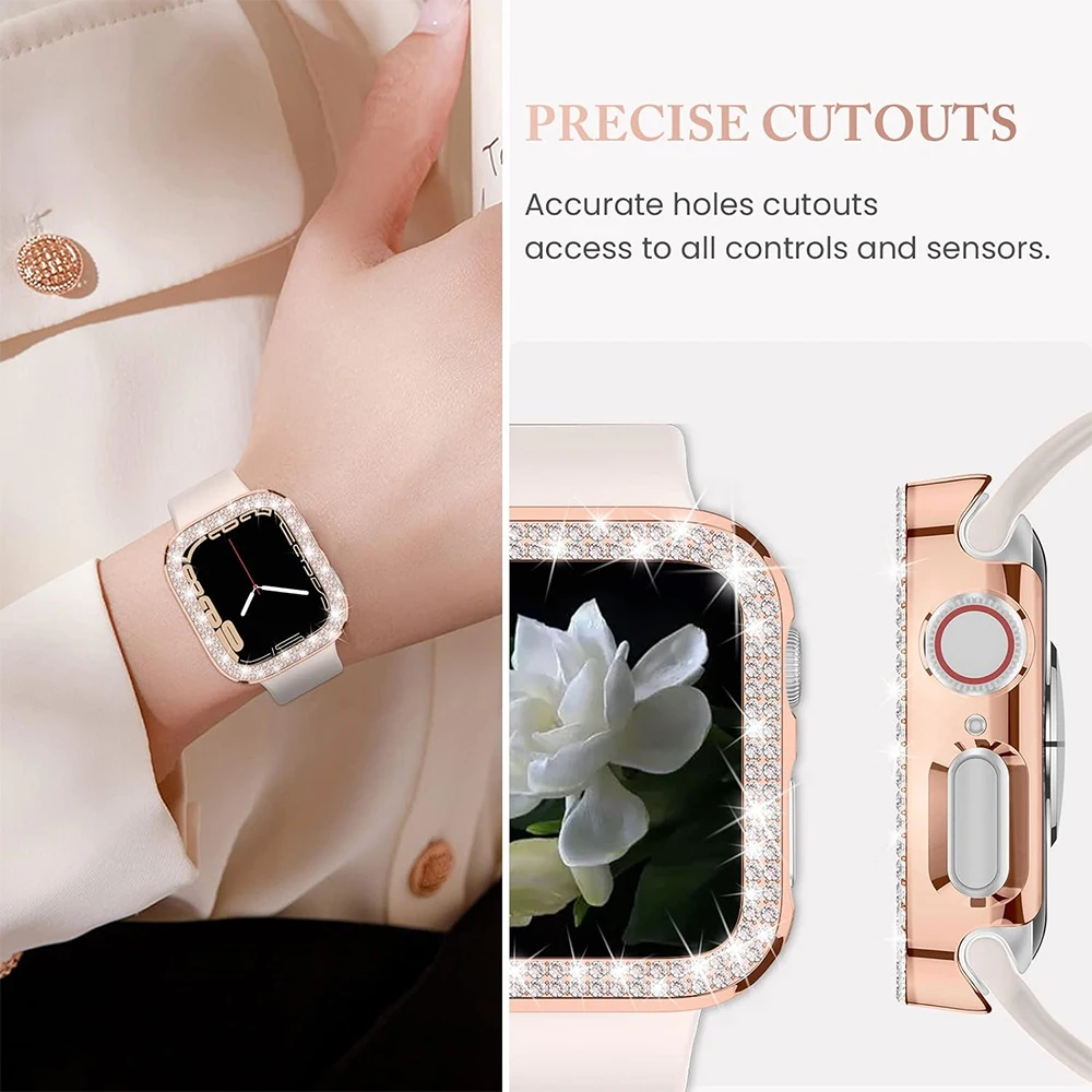 Apple Watch 시리즈 9 8 7 6 5 4 3 2 1 SE(화면 없음), 여성용 글리터 라인스톤 보호 프레임용 블링 케이스.