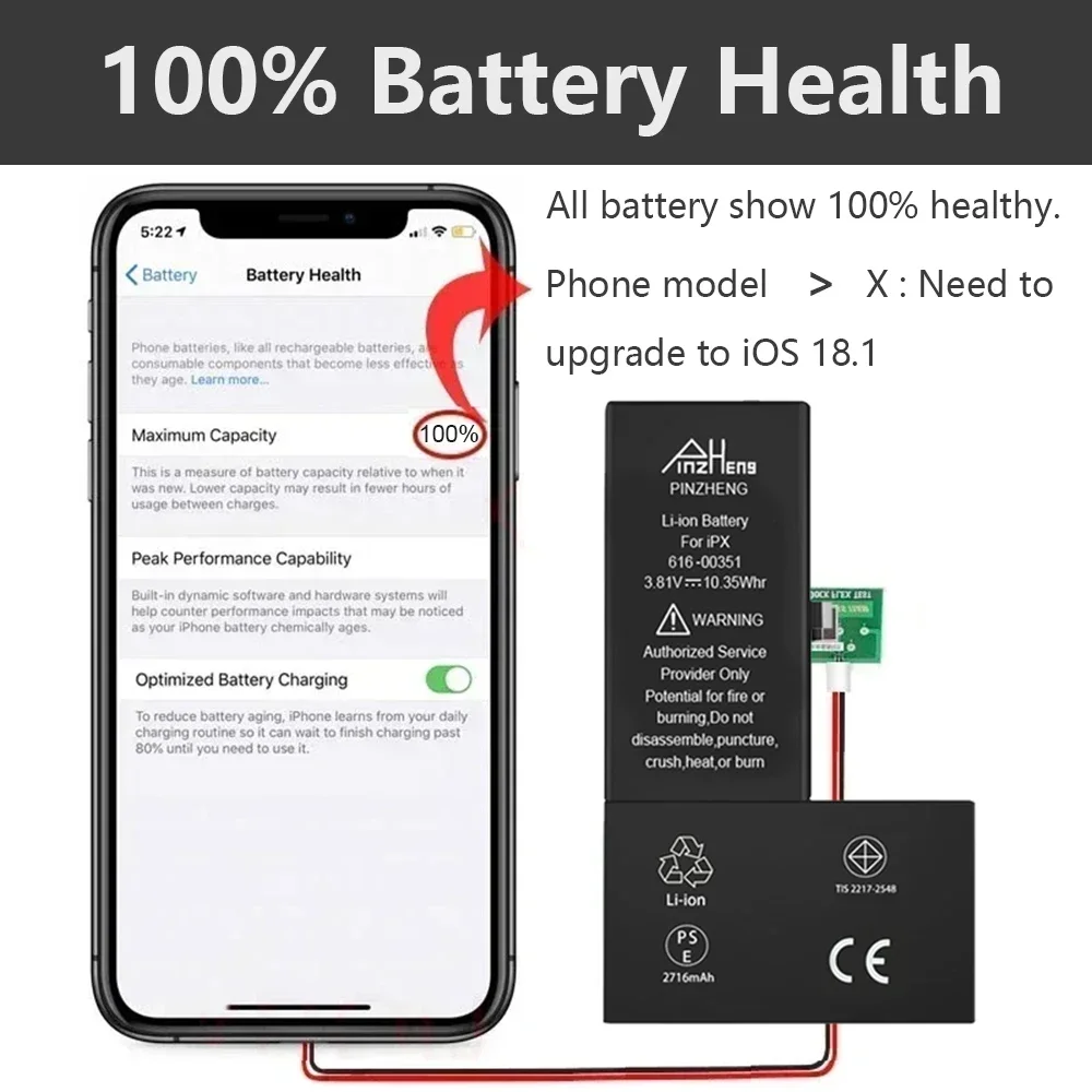 PINZHENG iPhone X XR XS Max 12 13 Mini Pro Max 11 Pro Max 교체 Bateria 보증 1 년용 실제 고용량 배터리