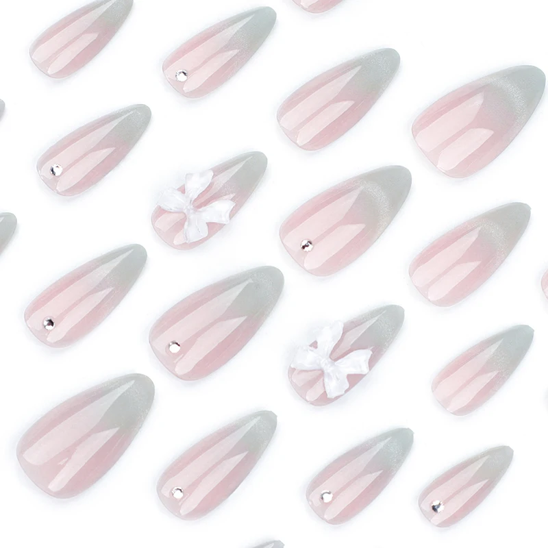 24pcs 달콤한 고양이 눈 손톱에 프렌치 프레스 다이아몬드 지적 3 차원 활 매듭 여성과 소녀를위한 착용 가능한 손톱 아몬드 네일