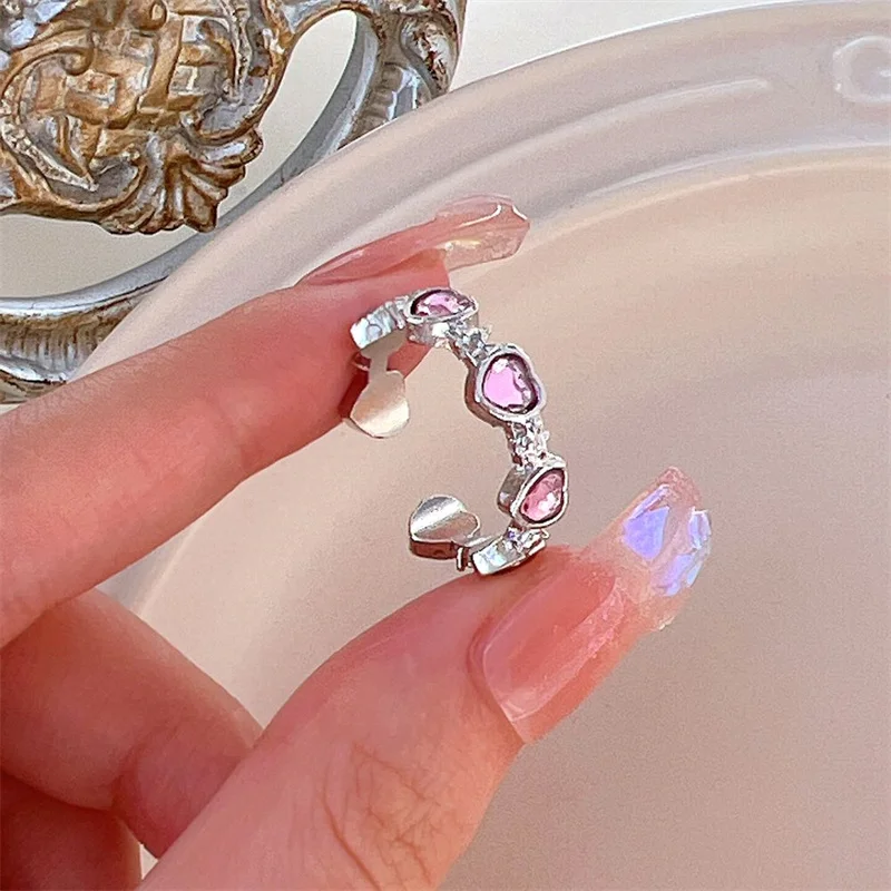 3pcs 패션 러브 하트 지르콘 오픈 반지 여성을위한 설정 고딕 달콤한 여자 기하학 손가락 반지 Y2K 파티 쥬얼리 액세서리