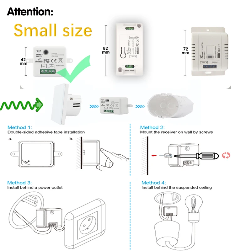 무선 스마트 스위치 조명 RF 86 벽 패널 스위치, 원격 제어, 미니 릴레이 수신기, 220V 가정용 LED 조명 램프 팬