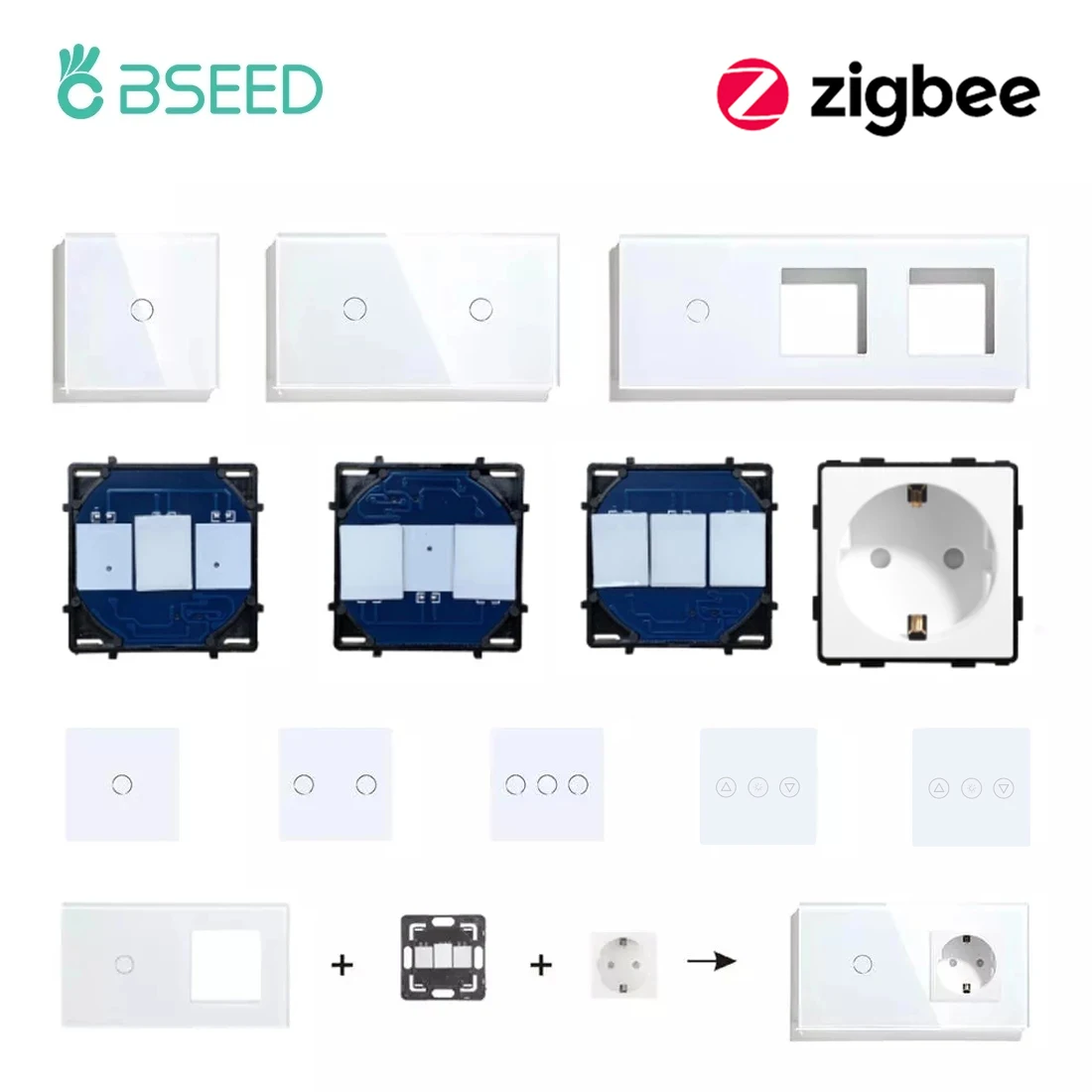 BSEED 1/2/3Gang 스마트 지그비 스위치 기능 부품 터치 유리 전면 패널 EU 벽 소켓 스마트 플러그 DIY 부품 무료 조합 title=BSEED 1/2/3Gang 스마트 지그비 스위치 기능 부품 터치 유리 전면 패널 EU 벽 소켓 스마트 플러그 DIY 부품 무료 조합 