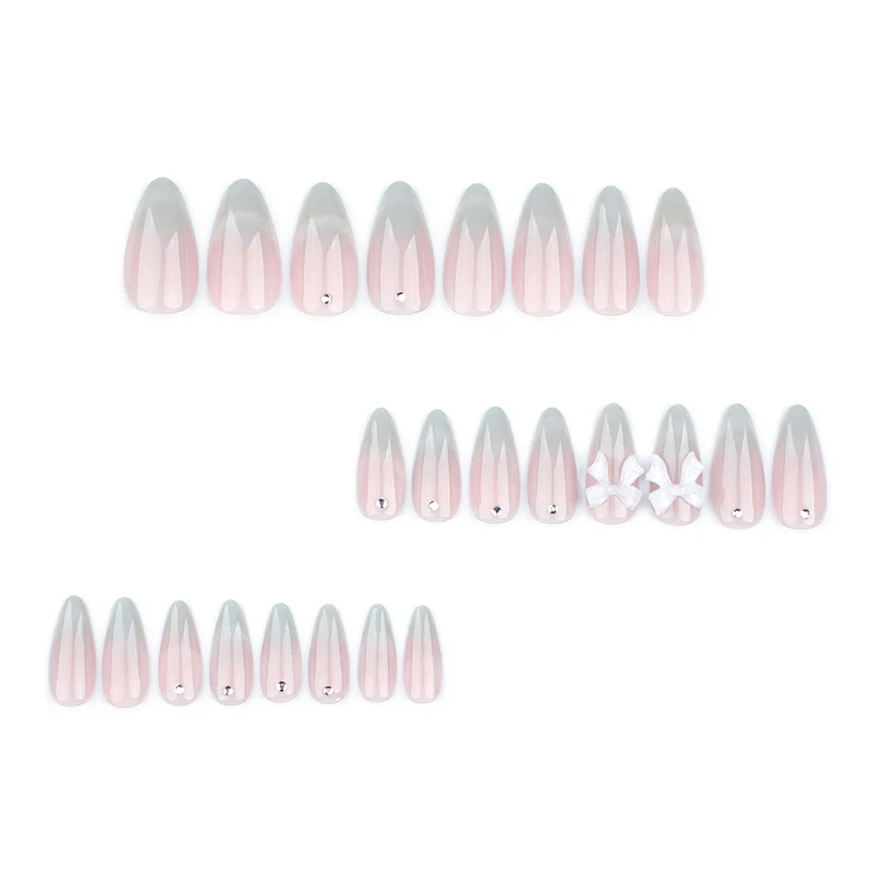 24pcs 달콤한 고양이 눈 손톱에 프렌치 프레스 다이아몬드 지적 3 차원 활 매듭 여성과 소녀를위한 착용 가능한 손톱 아몬드 네일
