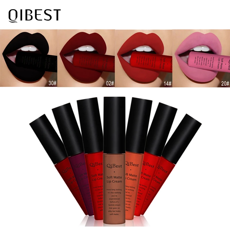 QIBEST 브랜드 34 색 방수 매트 누드 립스틱 립킷 안료 다크 레드 블랙 오랫동안 지속되는 립 글로스 여성 메이크업 립글로스