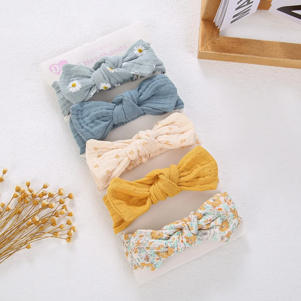 5 개/대 솔리드 모슬린 코튼 린넨 아기 머리띠 탄성 토끼 귀 헤어 밴드 유아 소녀 터번 Headwraps 스트레치 액세서리