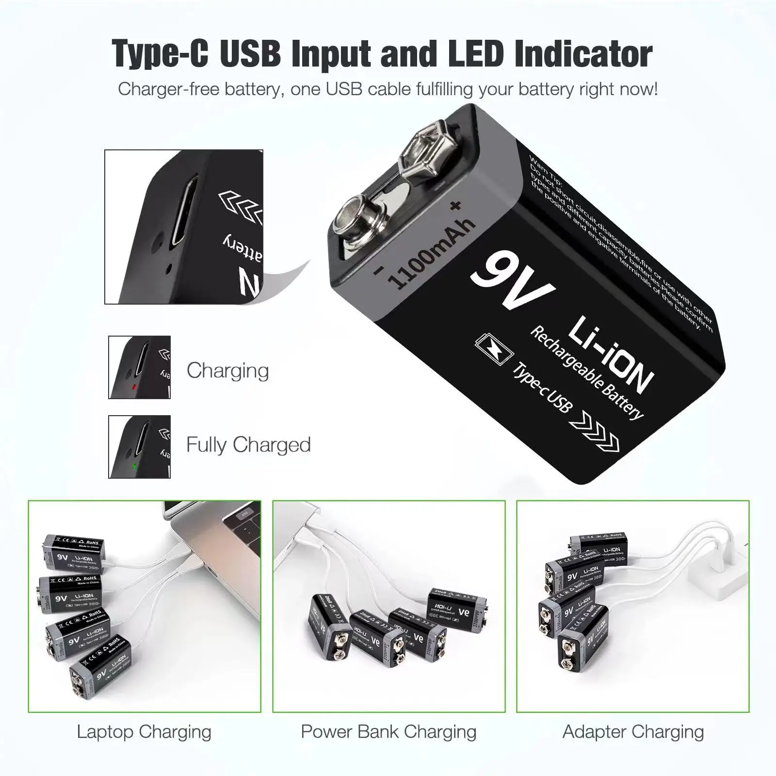 MATOV USB 9V 충전식 배터리 1100mAh Type-C 충전식 6F22 9V 리튬 이온 배터리 RC 헬리콥터 모델 멀티 미터 장난감