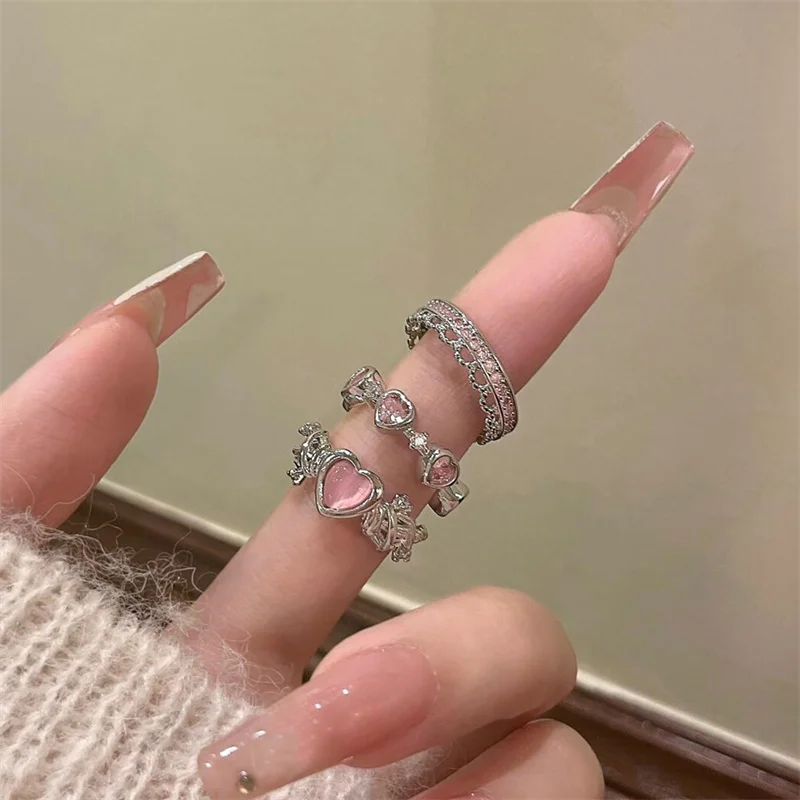 3pcs 패션 러브 하트 지르콘 오픈 반지 여성을위한 설정 고딕 달콤한 여자 기하학 손가락 반지 Y2K 파티 쥬얼리 액세서리
