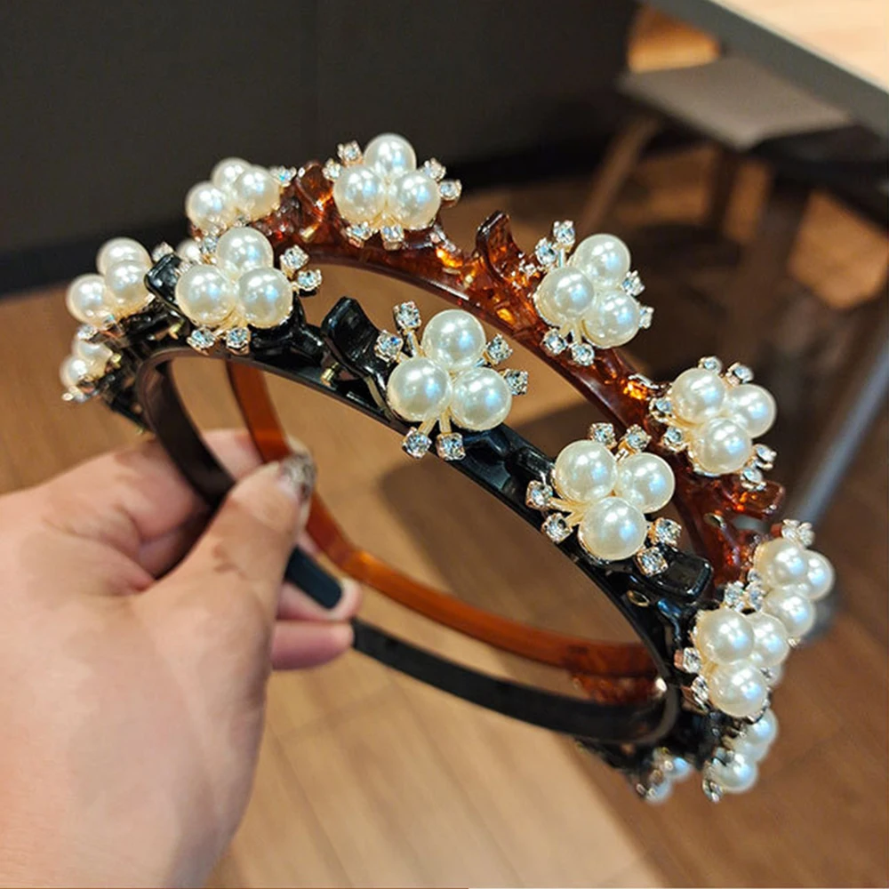 더블 레이어 밴드 클립 Hairbands 패션 플라스틱 땋은 머리띠 펑크 새로운 뜨개질 여자 모자를 쓰고 있죠 헤어 액세서리 진주