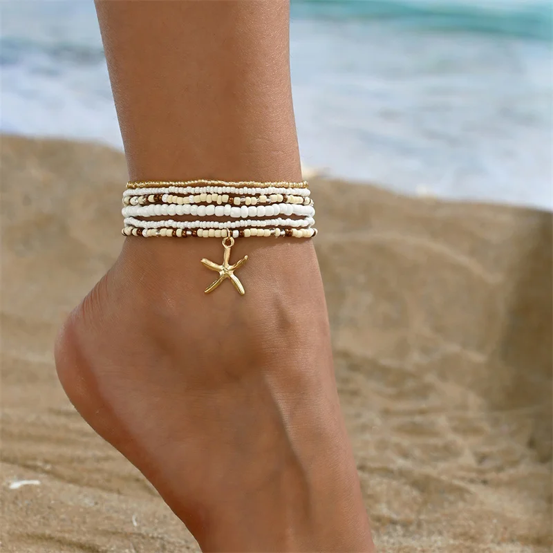 보헤미아 여성을위한 다층 쌀 구슬 구두 세트 패션 불가사리 펜던트 Anklets 다리 보석에 여름 샌디 비치 발목 체인