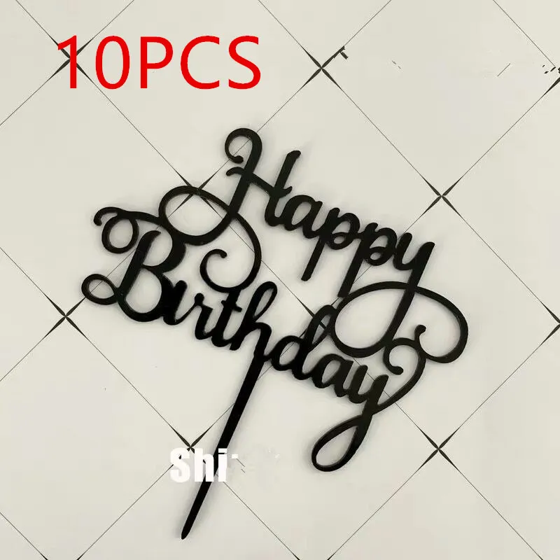 10 Pcs 로즈 골드 생일 축하 케이크 토퍼 실버 블랙 심플한 디자인 아크릴 케이크 토퍼 베이비 샤워 파티 디저트 장식
