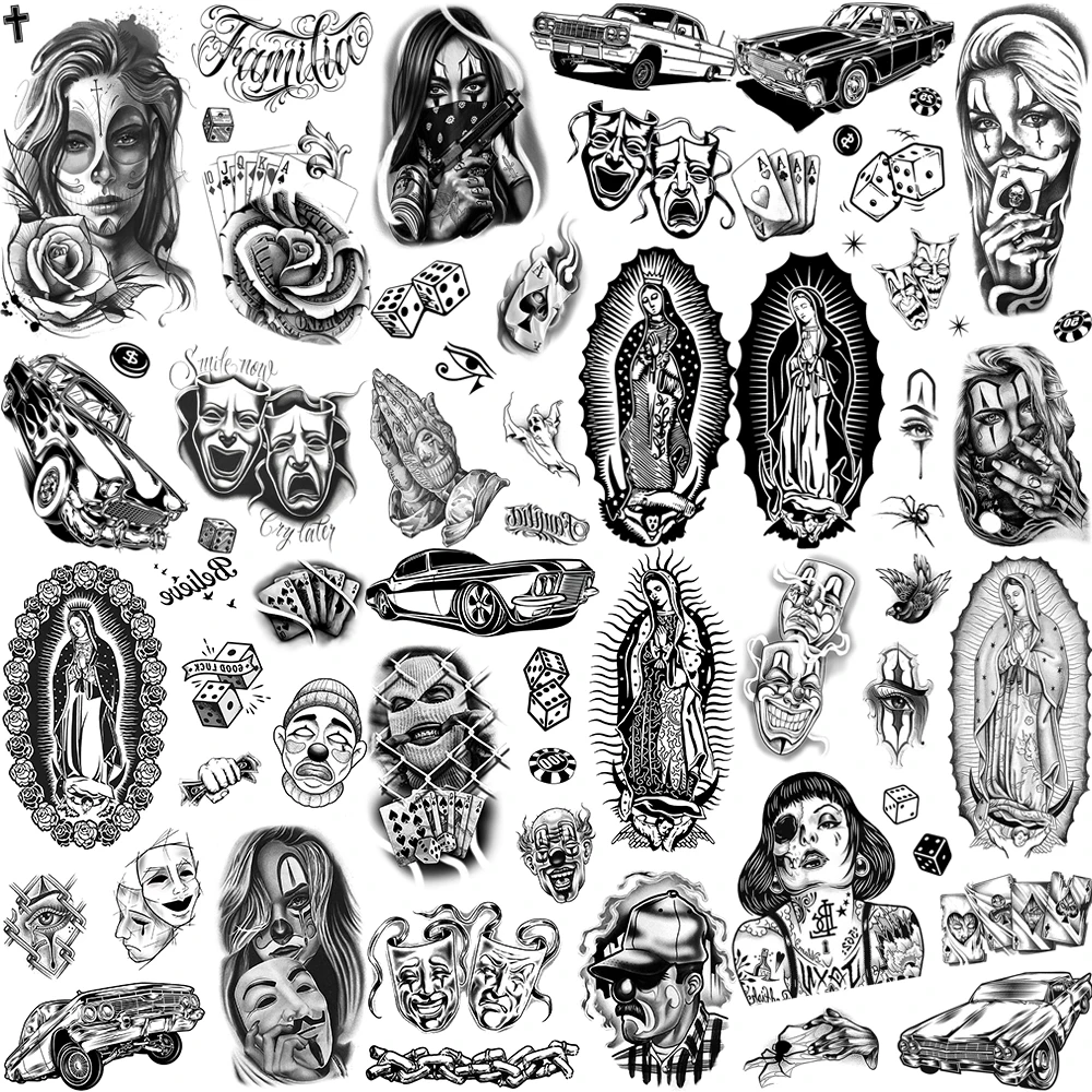 Chicano Bandit 멕시코 남성 여성을위한 임시 문신 가짜 자동차 수녀 문신 종교 스티커 현실적인 뒤로 방수 Tatoos title=Chicano Bandit 멕시코 남성 여성을위한 임시 문신 가짜 자동차 수녀 문신 종교 스티커 현실적인 뒤로 방수 Tatoos 