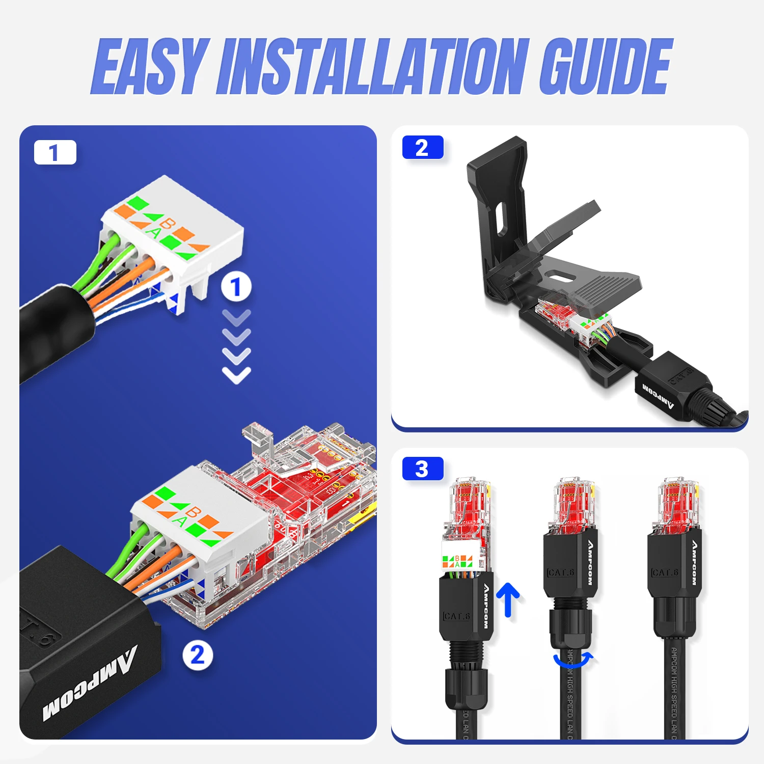 AMPCOM 도구 무료 RJ45 커넥터, 압착 도구 없음 연선 솔리드 Lan 이더넷 케이블용 UTP 1000Mbps CAT6/CAT6A 모듈형 플러그