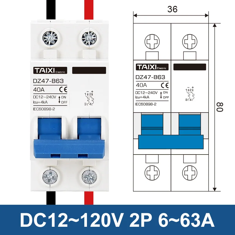 DC 12V 24V 48V 36V 72V MCB 배터리 자동차 보호기 미니 회로 차단기 DZ47 양극 및 음극 보호 스위치 절연체