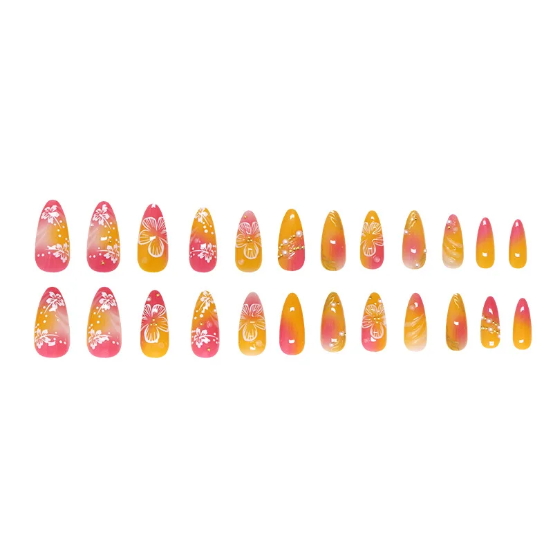 24pcs 흰 꽃 가짜 손톱 팁 Ins 옐로우 핑크 블러쉬 틀린 손톱 웨어러블 풀 커버 손톱에 유럽 아몬드 모양의 프레스