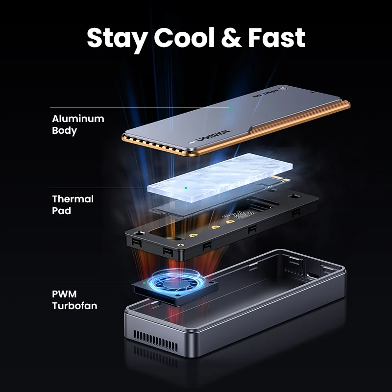 UGREEN 40Gbps NVMe SSD 케이스, SSD 인클로저, M.2 NVME PCIE용 어댑터, 내장 냉각 조끼, 알루미늄 케이스