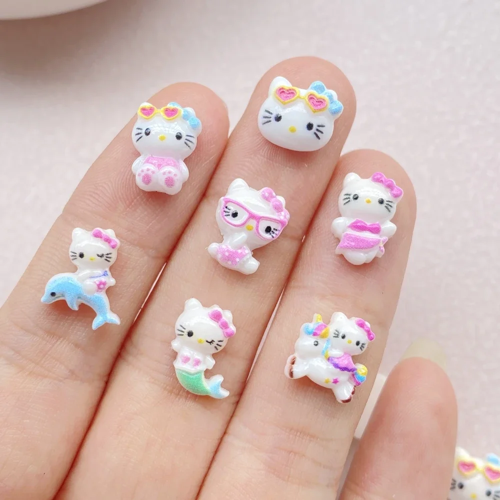 50pcs 수지 다채로운 여름 해변 눈 인어 작은 고양이 만화 갑옷 인형을 입고 플랫 백 네일 아트 DIY 스크랩북 공예