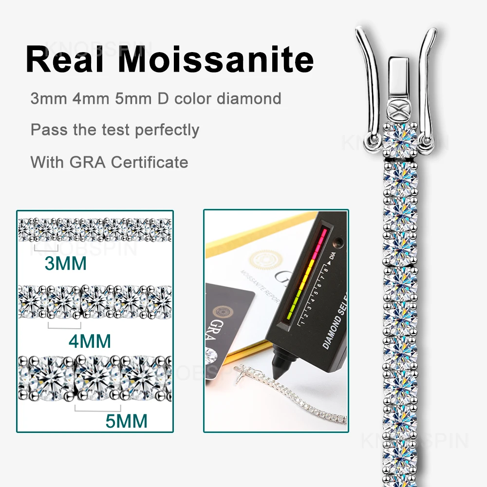 KNOBSPIN 4mm D 컬러 모이사나이트 테니스 팔찌 925 스털링 실버 도금 여성용 18k 화이트 골드 팔찌 남자 스파클링 파티 쥬얼리 도매, 3년 애프터 서비스 보증 제공