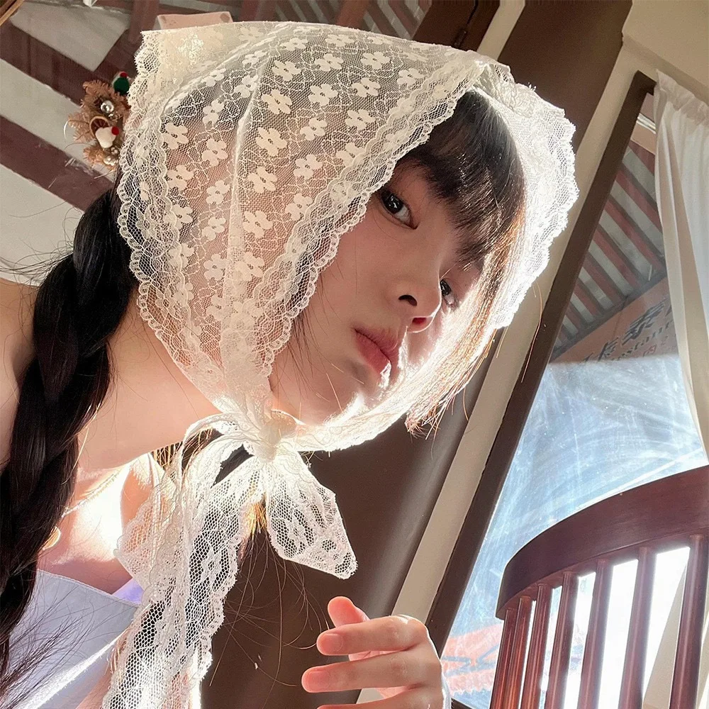 여자 여자 마름모 달콤한 귀여운 니트 삼각형 프랑스어 목가적 인 스타일 머리띠 꽃 Headscarf 해변 휴가 헤어 액세서리