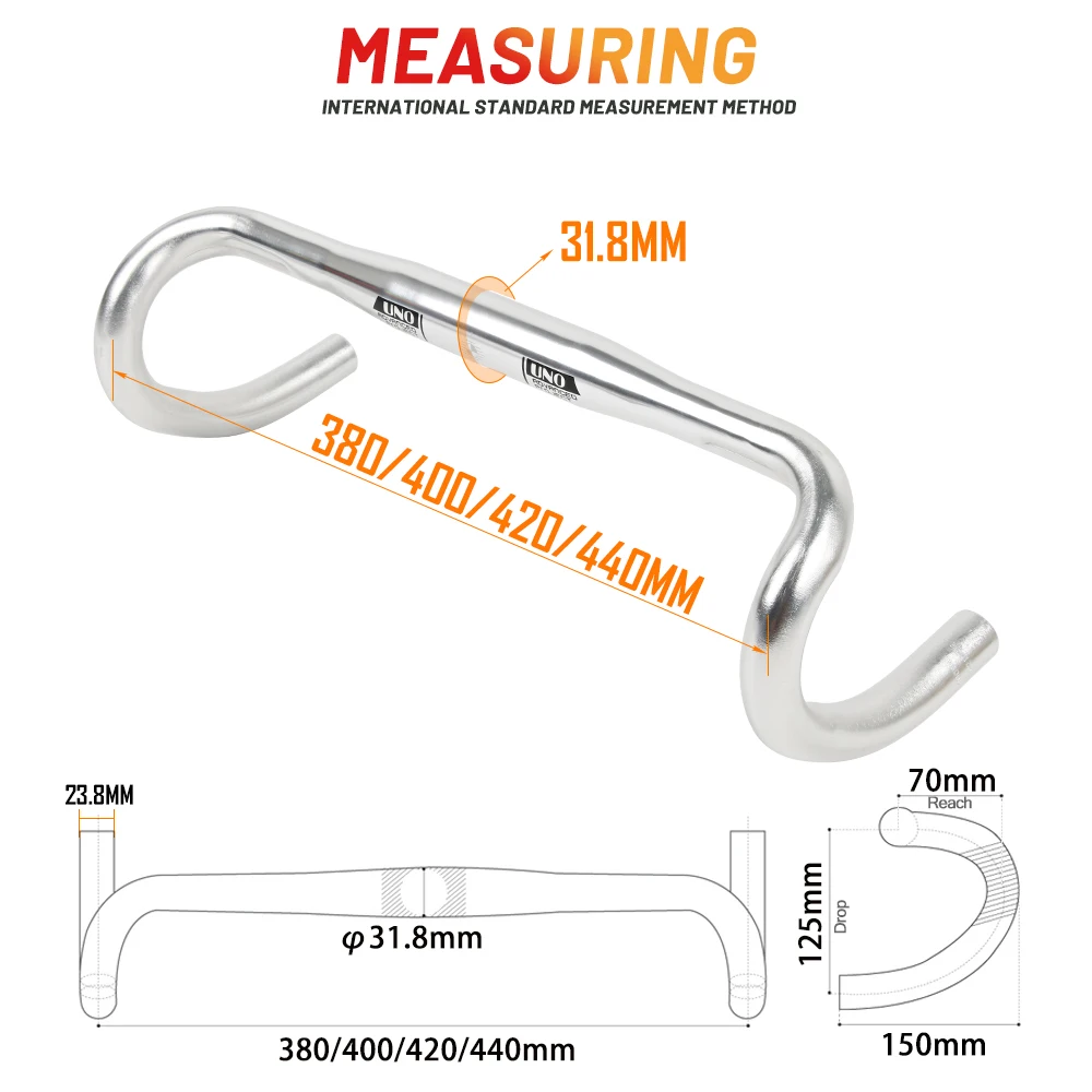 UNO 초경량 레이싱 도로 자전거 핸들 바 구부러진 바 25.4/31.8MM 360/380/400/420/440/460MM 6061 알루미늄 합금 스템 핸들 바
