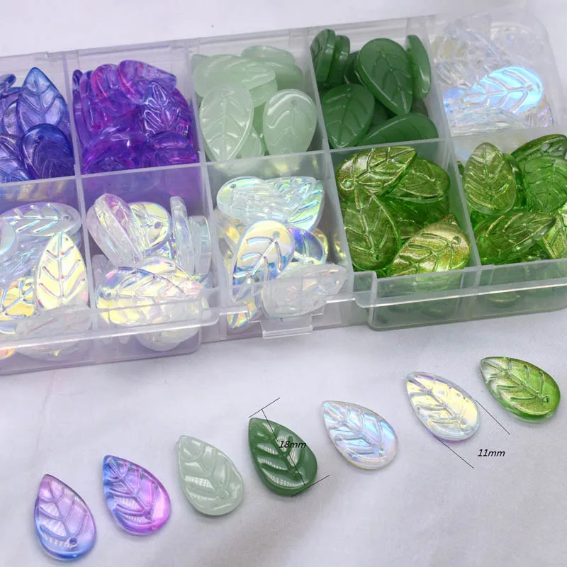 30/60Pcs 가방 11X18mm 유리 구슬 Leafs 투명 녹색 느슨한 스페이서 비즈 매력 펜던트 체코 유리 DIY 액세서리