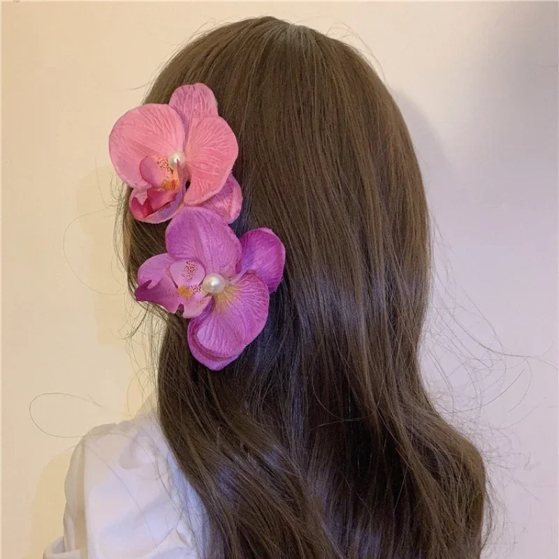 호접란 진주 헤어 클립 꽃 머리핀 난초 나비 머리카락 클립 헤어 액세서리 헤어 스타일링 도구 활 꽃