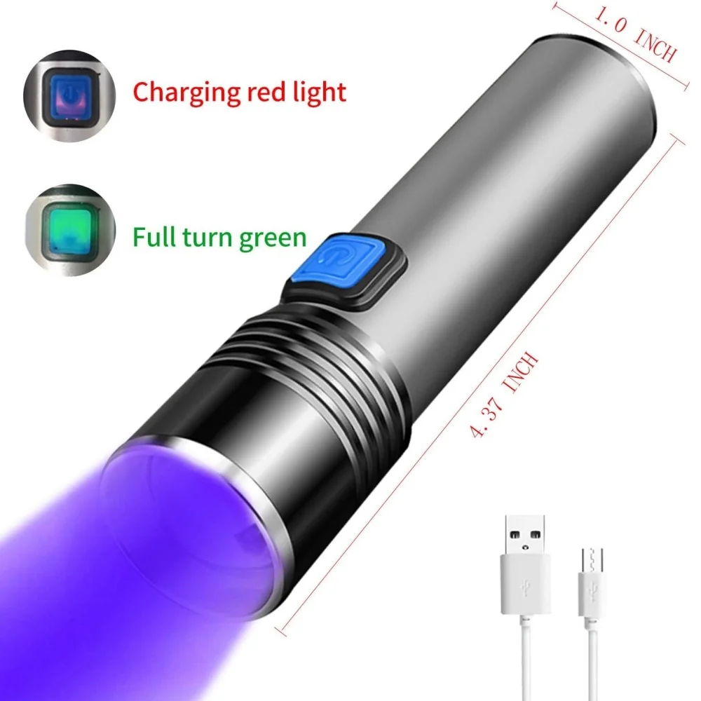 USB 충전식 365nm UV 손전등 알루미늄 휴대용 자외선 토치 블랙 라이트 애완 동물 소변 감지기 블랙 손전등