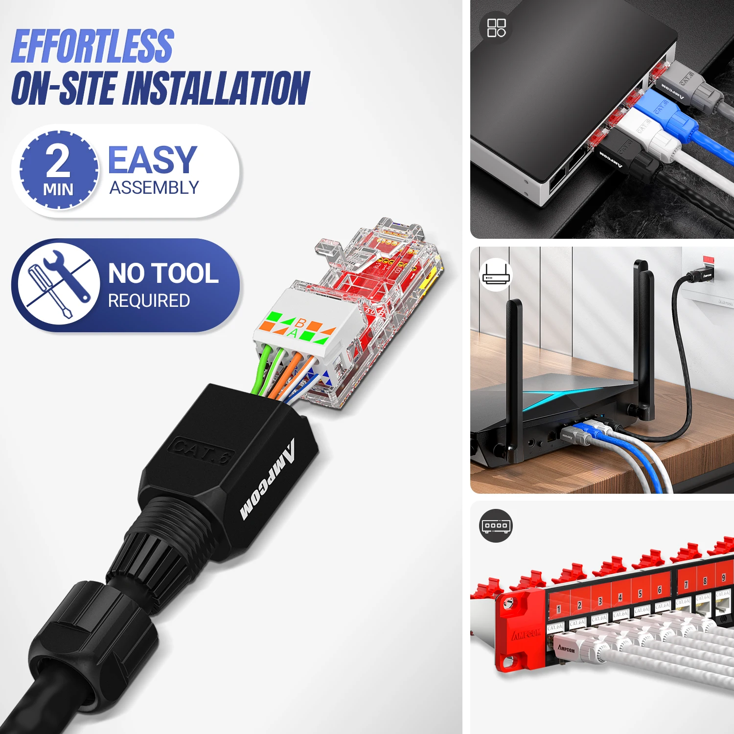 AMPCOM 도구 무료 RJ45 커넥터, 압착 도구 없음 연선 솔리드 Lan 이더넷 케이블용 UTP 1000Mbps CAT6/CAT6A 모듈형 플러그