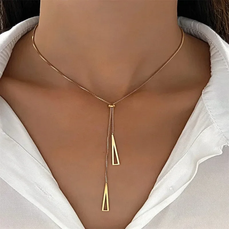 금속 스타일 실버 컬러 삼각형 펜던트 목걸이 여성을위한 유행 간단한 매력 Y Lariat 목걸이 Boho 미니멀리스트 쥬얼리