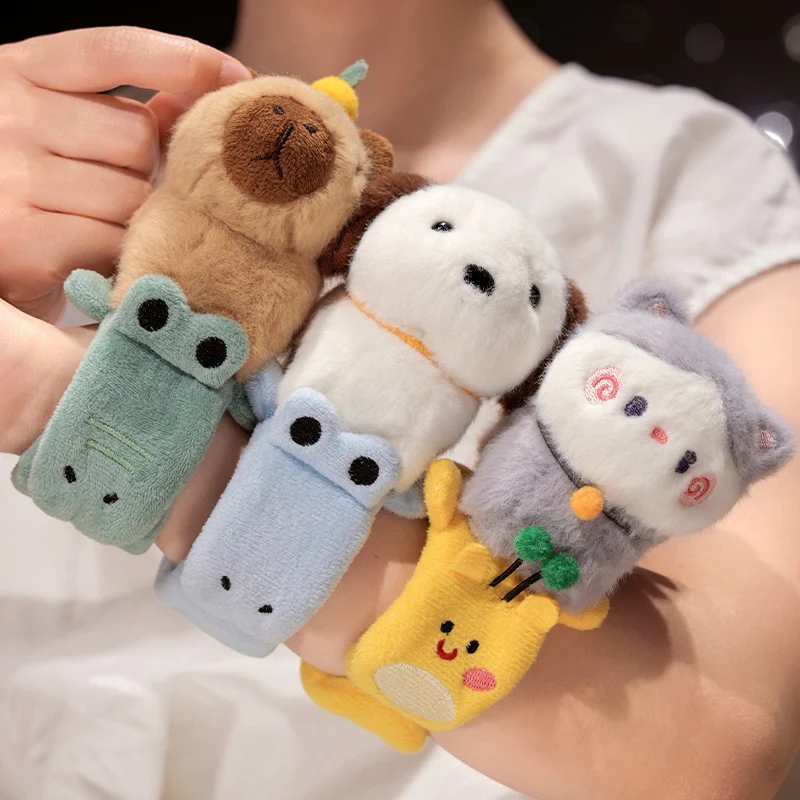 사랑스러운 동물 슬랩 스냅 랩 팔찌 팔찌 Capybara 개 고양이 플러시 핸드 링 팔찌 키즈 장난감 크리 에이 티브 재밌는 선물